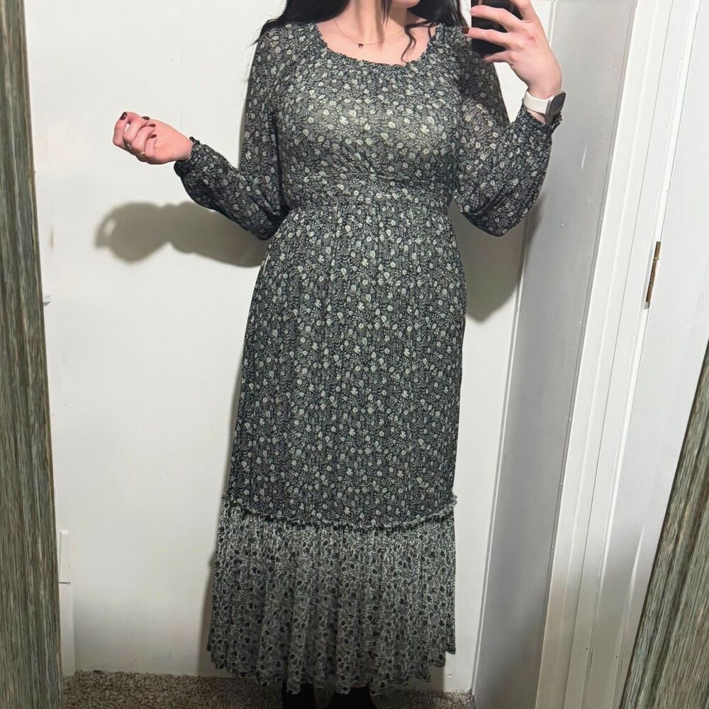 Women’s Smocked Floral Maxi Dress Long Sleeve Tiered Prairie Whimsigoth